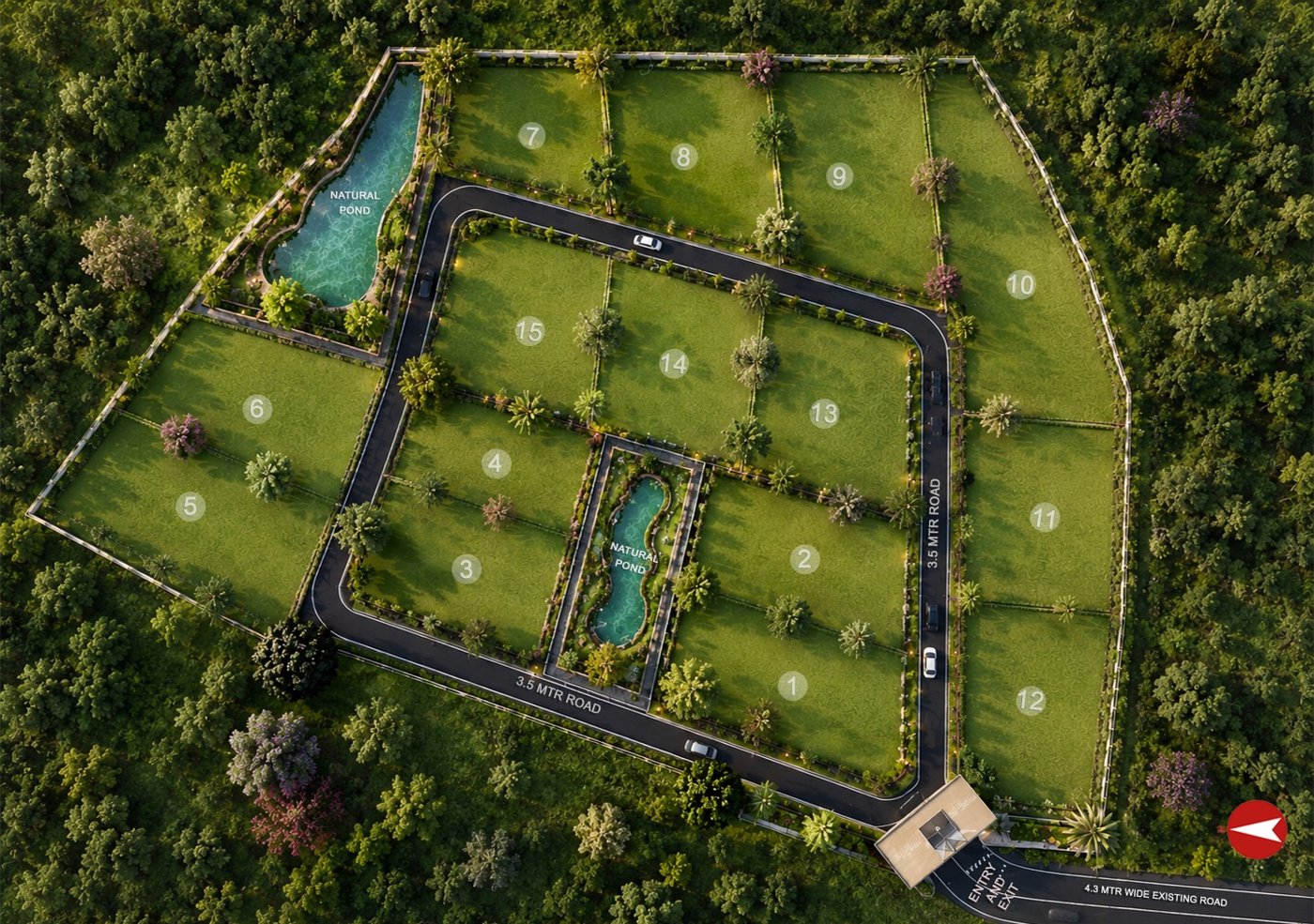 GreenSpire master plan: numbered plots along a looping 3.5-metre internal road with two natural ponds and a gated entry