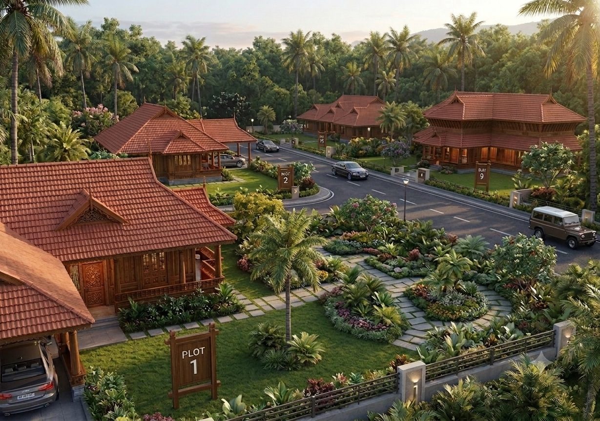 Artistic view of GreenSpire: Kerala-style villas along the internal road with landscaped gardens
