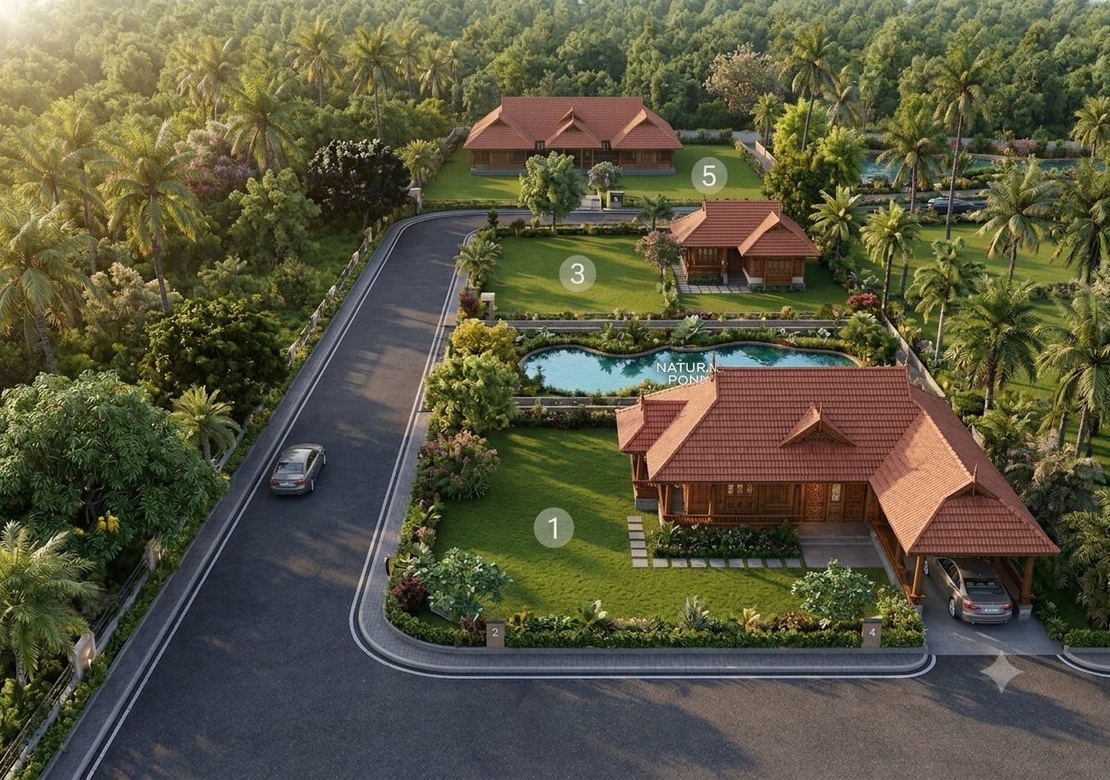 Artistic aerial view of GreenSpire: numbered plots around the natural pond and looping road