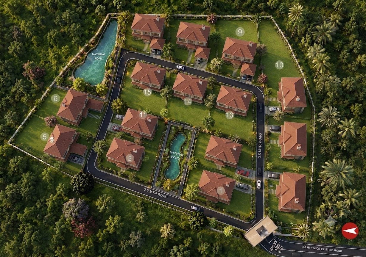 Artistic aerial view of the full GreenSpire layout: fifteen numbered plots, two natural ponds, the 3.5-metre loop road and gated entry